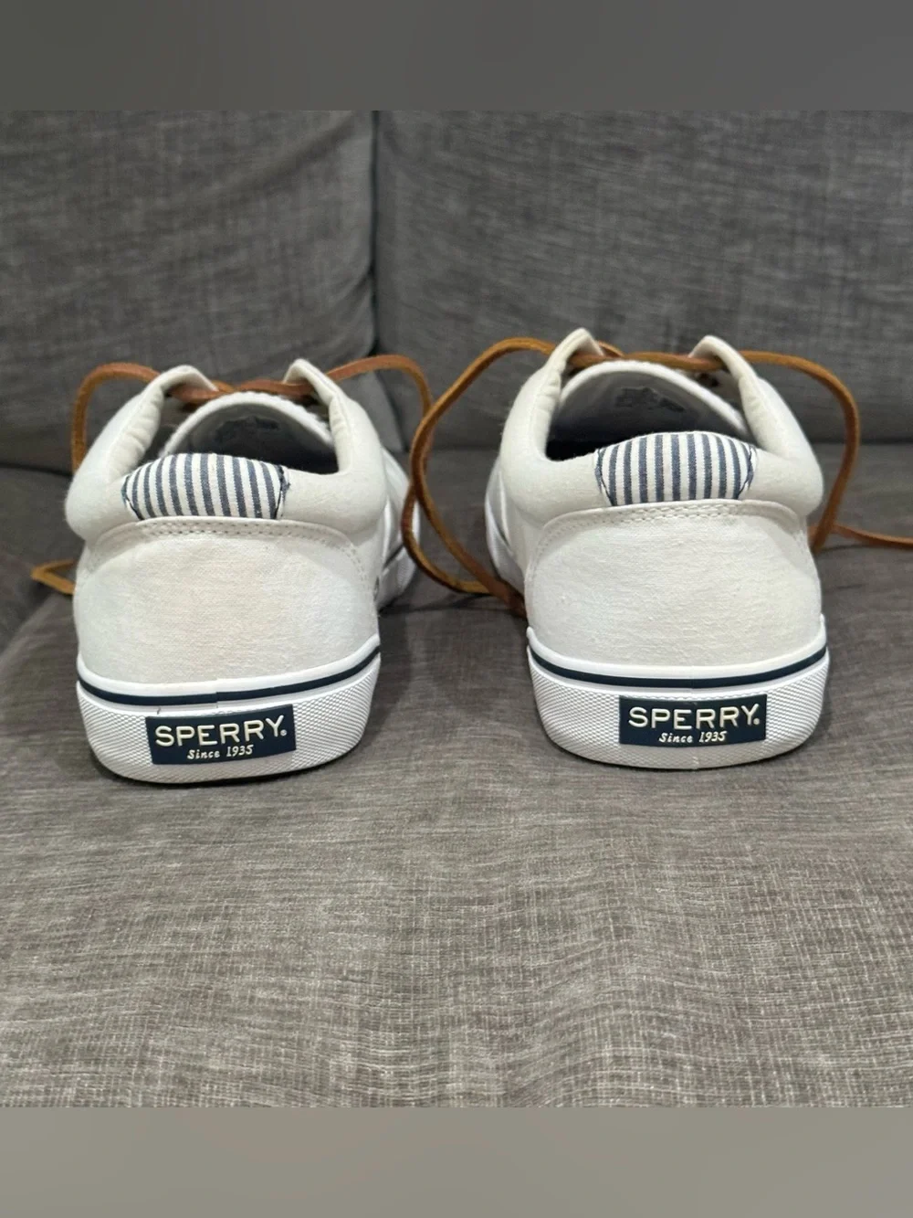 Sperry Top-Sider Men’s White Canvas Boat Shoes with Brown Rawhide Laces